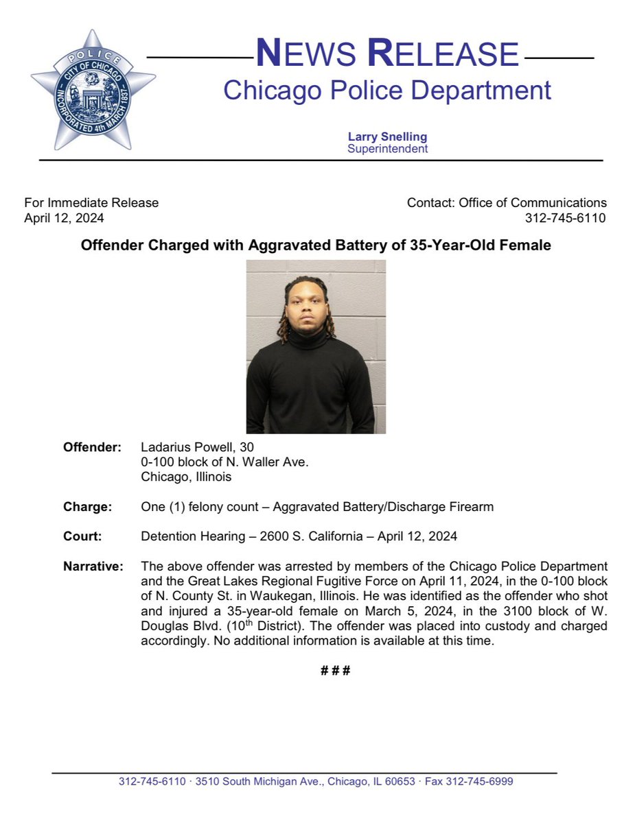 Offender Charged with Aggravated Battery with a Firearm of 35-Year-Old Female @ChicagoCAPS10 @Area4Detectives Great Lakes Regional Fugitive Task Force #ChicagoPolice