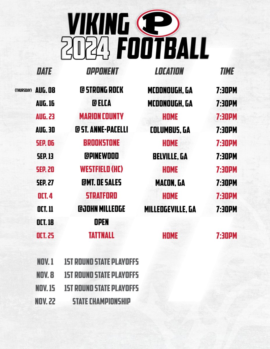 FPDVikingSports's tweet photo. The 2024 Viking Football schedule is here! Mark your calendars to come cheer on your reigning State Champions this fall. More information on Reserved Seating and Priority Parking to come! #VikingNation #Rooted https://t.co/xnmq2ZDede