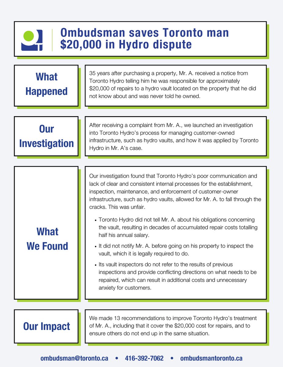 NEW REPORT: In his report released today, Toronto Ombudsman Kwame Addo says Toronto Hydro acted unfairly by holding a property owner responsible for approximately $20,000 worth of repairs to a hydro vault it never told him he owned. This was unfair. ombudsmantoronto.ca/news/ombudsman…