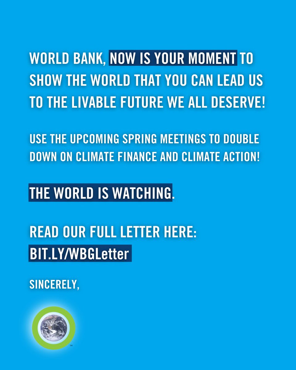 The spring @WorldBank meeting is fast approaching, and we have some demands. All @ClimateReality branches came together to write one letter to the world bank with a clear message: #EndFossilFuels and #moreclimatefinance now. Are you with us? Read the full letter at…