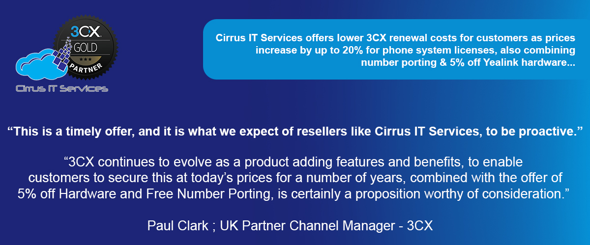 📣 Attention all 3CX users! Don't miss out on Cirrus IT Services' exclusive offer to secure your licenses at current prices before the upcoming price increase in May 2024. Plus, Yealink hardware discounts and free number porting!

cirrusits.co.uk/cirrus-offers-…

#VoIP #3CX #BusinessTech