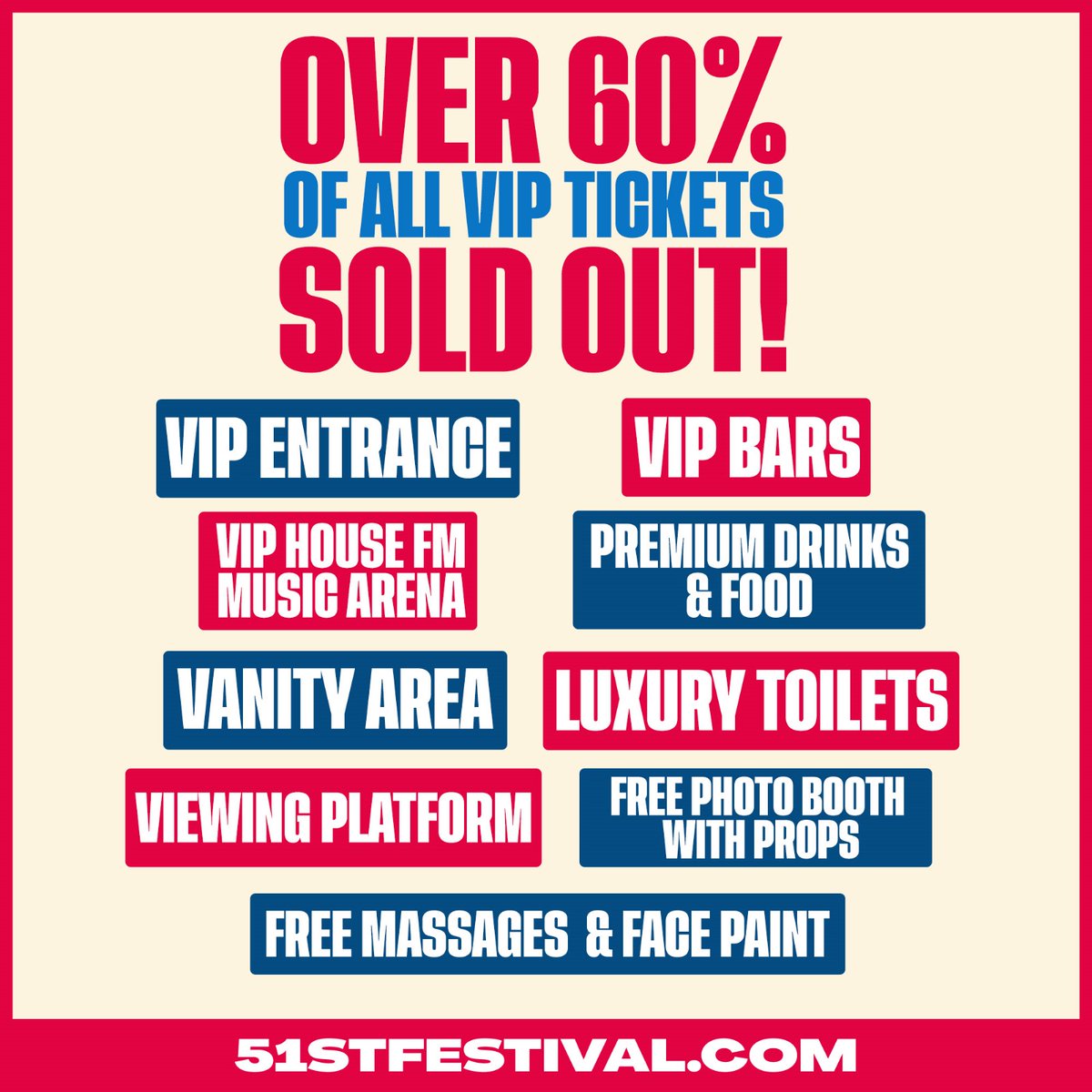 Over 60% of VIP tickets have SOLD OUT for 51st Festival. Get yours now before it's too late 🤝 51stfestival.com/pages/tickets @GrooveOdyssey @BackTo95 @RampageSound @HSE_FM