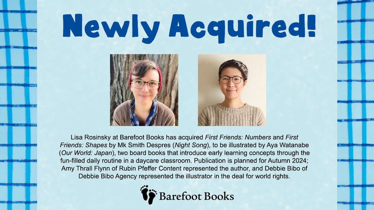 Acquisition Announcement! Senior Editor Lisa Rosinsky has acquired ‘Numbers’ and ‘Shapes’ — part of our new baby book series ‘First Friends’ (words by @MkSmithDespres and art by Aya Watanabe). Join a daycare class as they count and find shapes! 1️⃣2️⃣3️⃣ Coming Fall 2024!