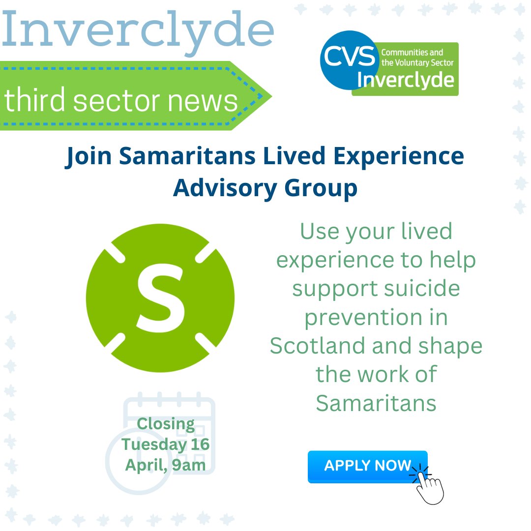 Join @samaritans' Lived Experience Advisory Group and use your lived experience to help support suicide prevention in Scotland and shape the work Samaritans do. Applications close Tuesday 16 April, 9am. Read more: samaritans.org/scotland/about…