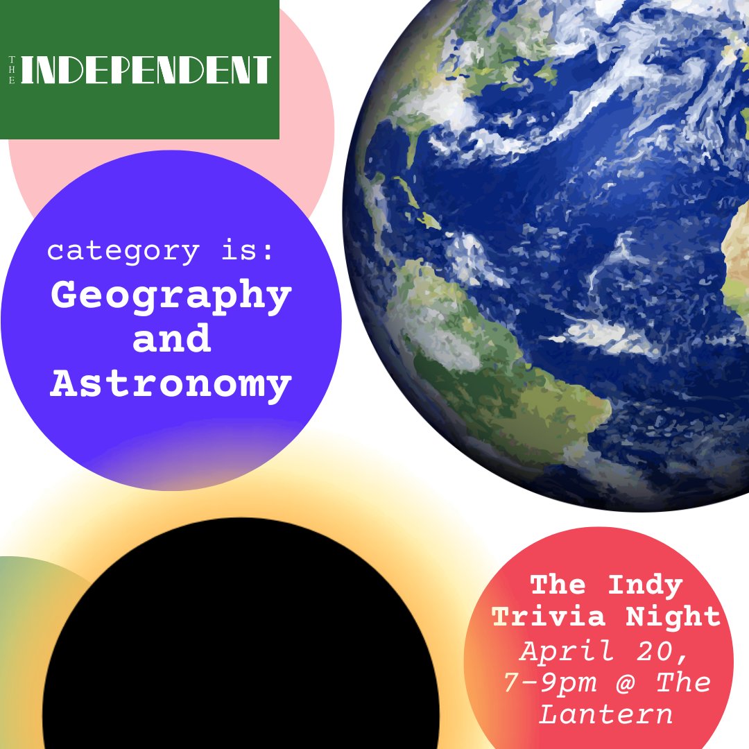 Indy Trivia Night category is... GEOGRAPHY & ASTRONOMY We'll be announcing more categories in this weekend's #Indygestion newsletter! 📨 Sign up for the newsletter: theindependent.ca/newsletter/ 🎟️ Get tickets for our Saturday, April 20 Trivia Night here: shorturl.at/mrx17