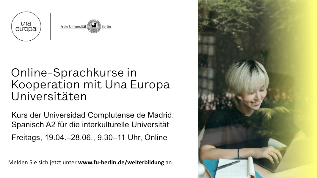 Online-Sprachkurse im Rahmen der Hochschulkooperation <a href="/Una_Europa/">Una_Europa</a>: Kommenden Freitag startet wieder "Spanisch A2 für die interkulturelle Universität" zusammen mit der <a href="/unicomplutense/">Complutense</a> Madrid!

Infos und Anmeldung: …anstaltung.weiterbildung.fu-berlin.de/Veranstaltung/…
.
.
#unaeuropa #sprachenlernen #spanisch
