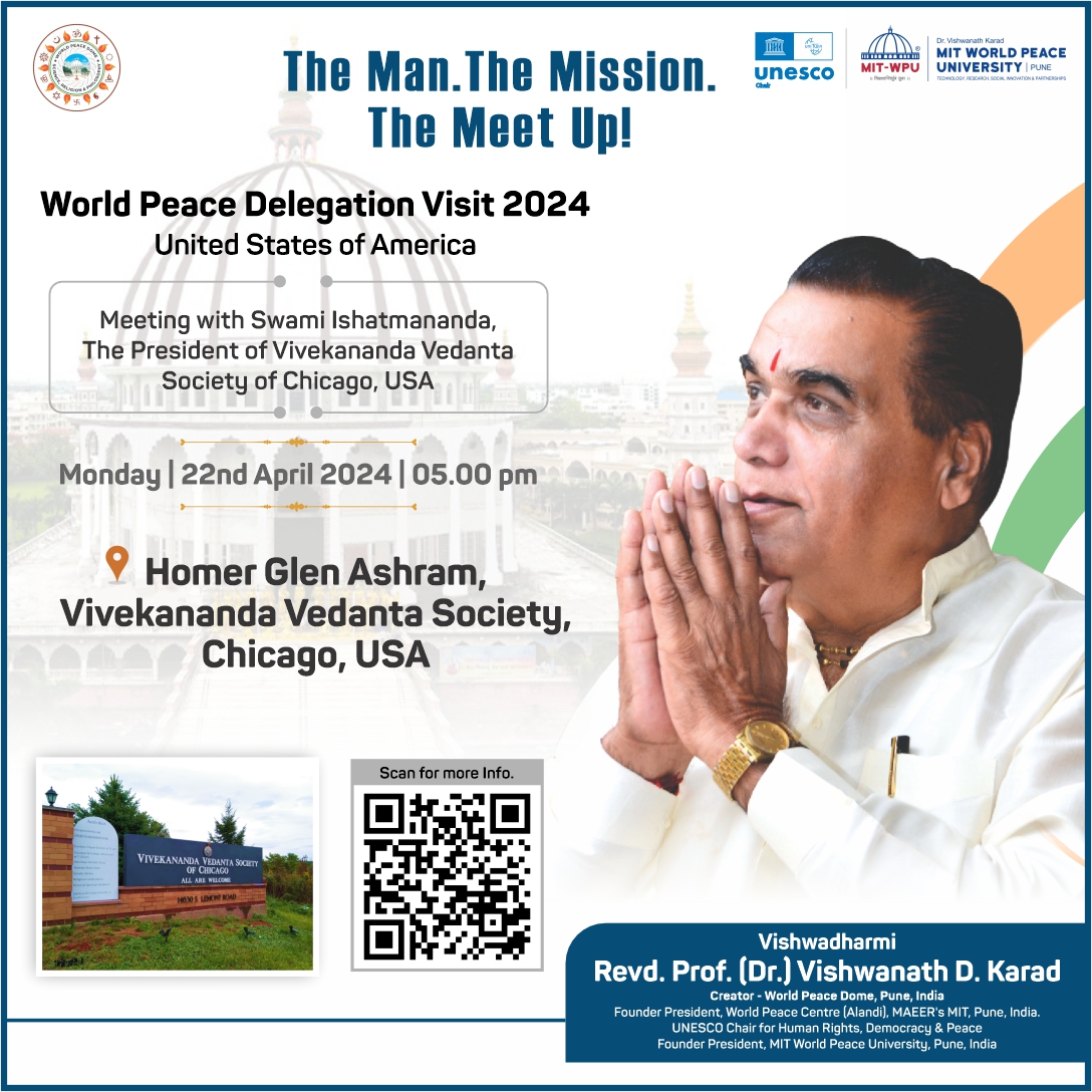 Stay tuned for a journey of enlightenment during the 'World Peace Delegation Visit 2024' as we engage in a transformative meeting with Swami Ishatmananda. 

#MITWPU #MITWPUOfficial #WorldPeaceUniversity #DrVishwanathKarad #WPU #Education #WorldPeaceDome #peacedome #UNESCO #Oxford