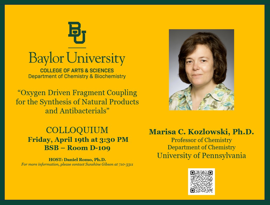 Join us next Friday, April 19th at 3:30pm, for Colloquium with Marisa Kozlowski, PhD, @PennChemistry