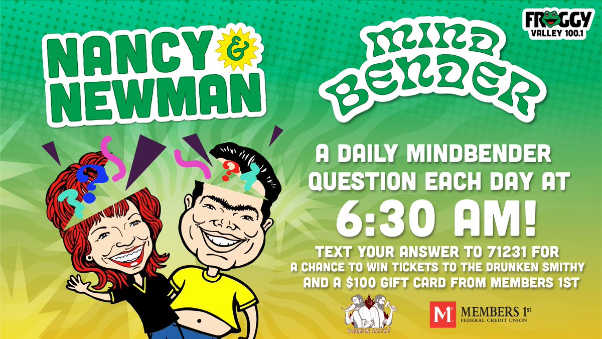 Coming up at 6:30 'ish it is the Mind Bender question of the day from @Members1stFCU! Your shot to win a couple of passes to the @DrunkenSmithy and also at the end of the week possibly win a $100 gift card to @GiantFoodStores!