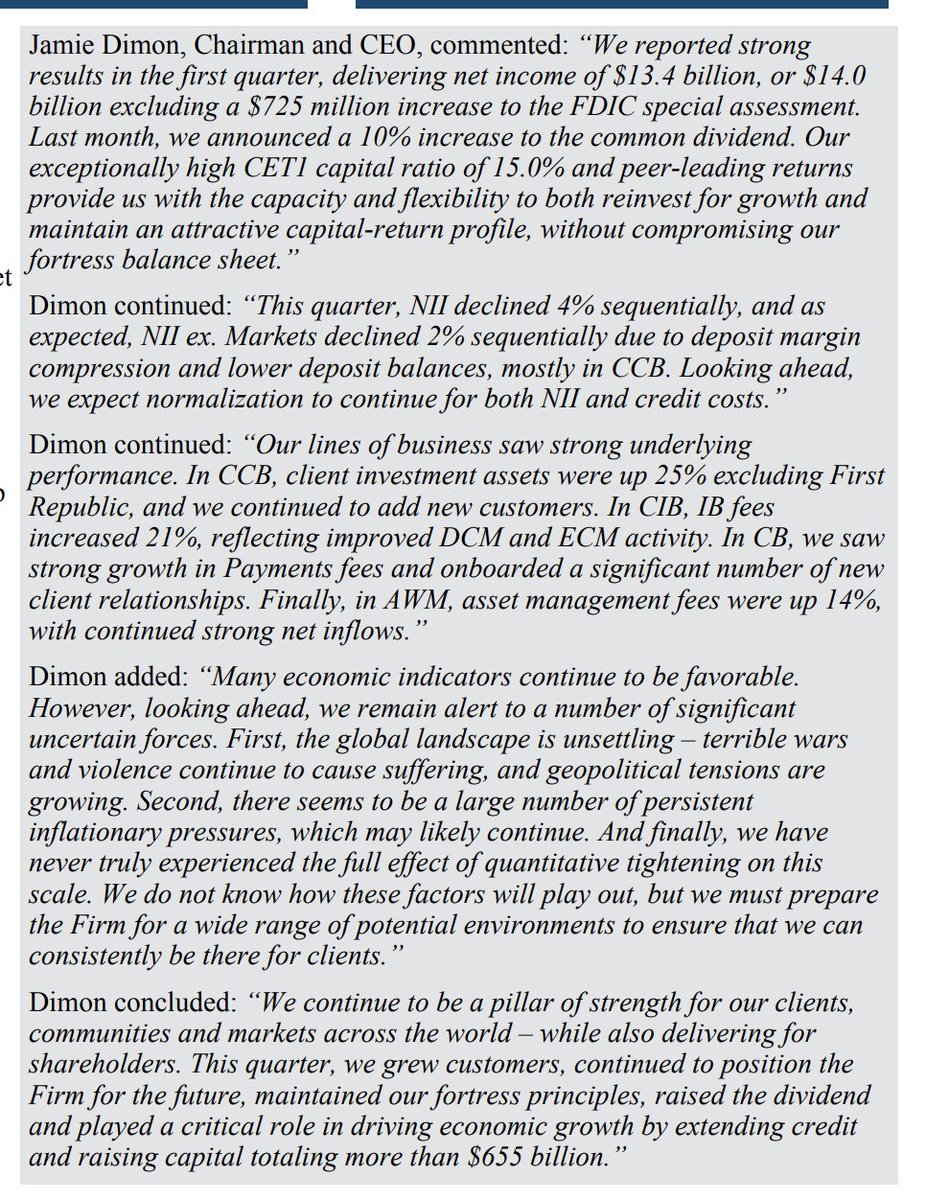 $JPM CEO Jamie Dimon's Q1 2024 commentary: 'Many economic indicators continue to be favorable. However, looking ahead, we remain alert to a number of significant uncertain forces'