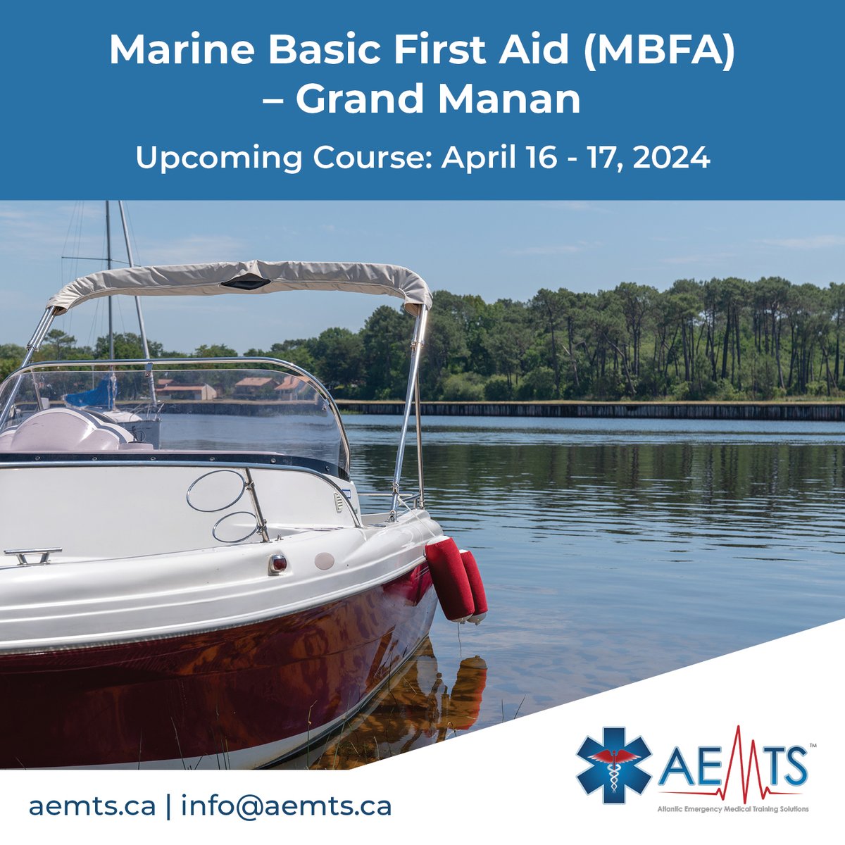 🌊⚓️ Get ready for the waves! Join us for Marine Basic First Aid (MBFA) in Grand Manan, April 16-17, 2024. Don't miss out on this essential training by Atlantic Emergency Medical Training Solutions. Sign up now! #MarineFirstAid #SafetyAtSea 🆘