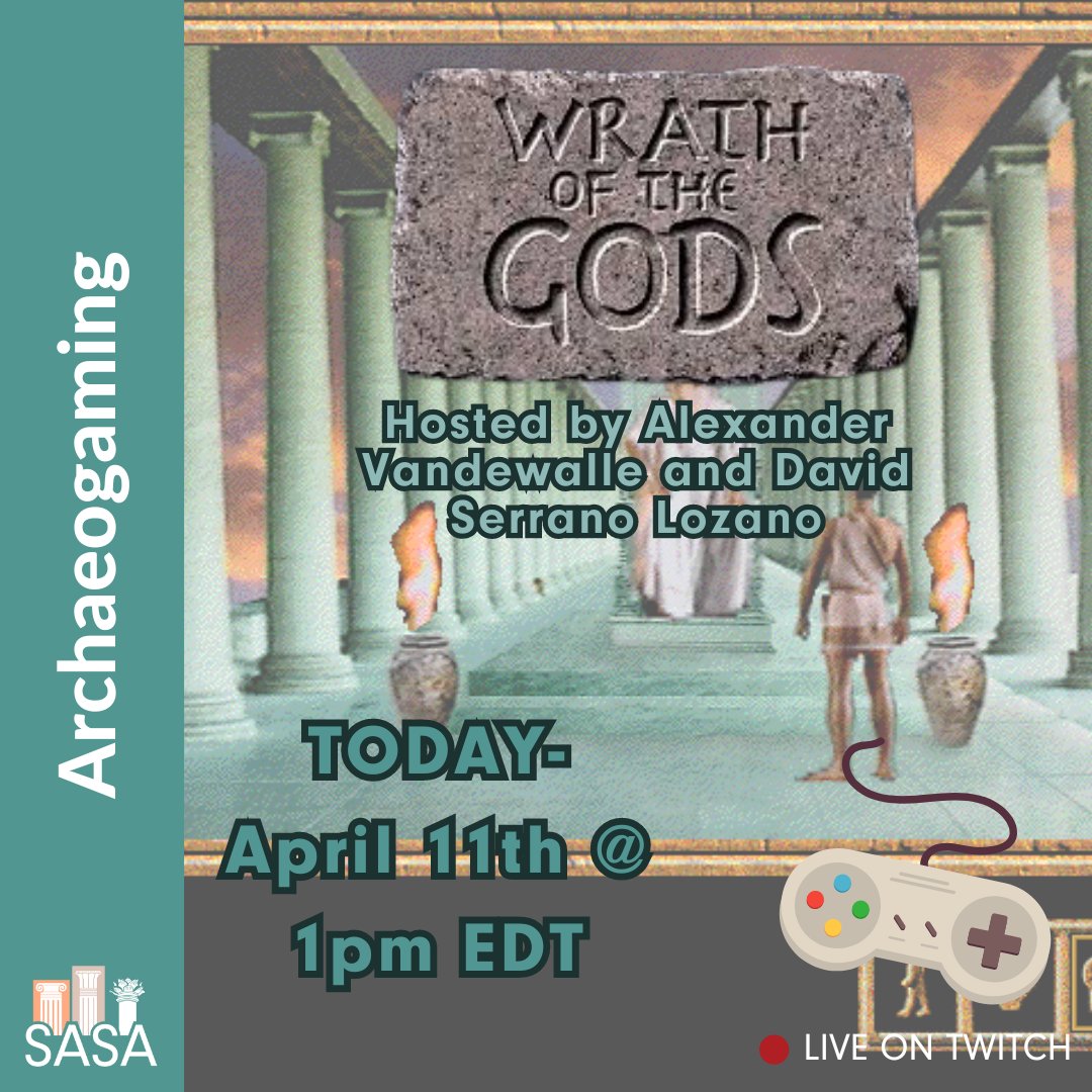 🎮⚡ Join #SASAGamers Alexander Vandewalle and David Serrano Lozano for a special #ArchaeogamingLIVE Retrogaming event playing Wrath of the Gods!! 🗓️ TODAY - April 11th @ 1:00pm EDT ➡️ Watch LIVE & #Subscribe on #Twitch - twitch.tv/saveancientstu…