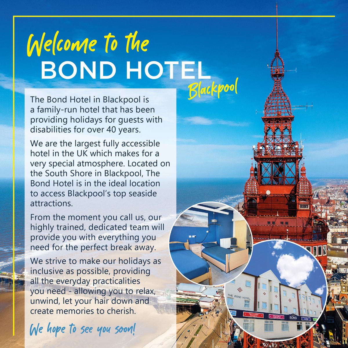 Inclusive holidays for everyone...
Here at The Bond we strive to provide personalised holidays, unique to you - allowing you to be as independent as possible and enjoy the holiday you deserve.
Visit bondhotel.co.uk/brochure to view all our breaks.
#thebondhotel #accessibleholidays