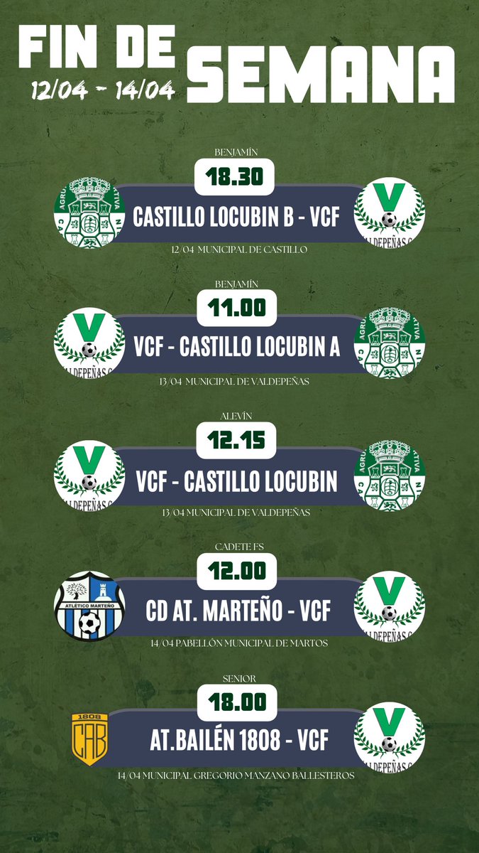 Esta es la agenda para las categorías inferiores y senior del Valdepeñas CF.