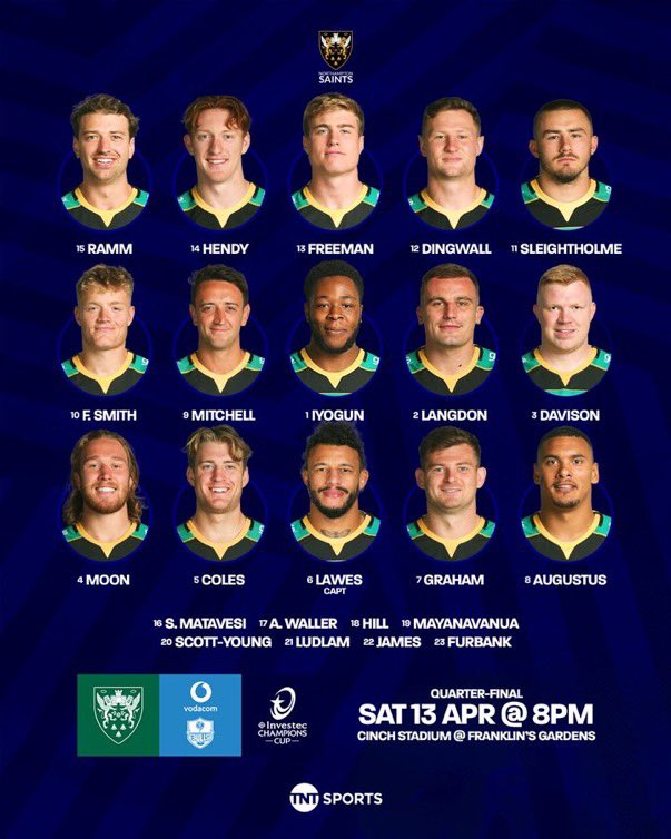 George Furbank returns from injury and will be on the bench for Saints against Vodacom Bulls on Saturday night. George Hendy starts on the wing as Burger Odendaal is out, meaning Tommy Freeman moves to centre. Juarno Augustus comes in for Lewis Ludlam. Alex Mitchell starts.