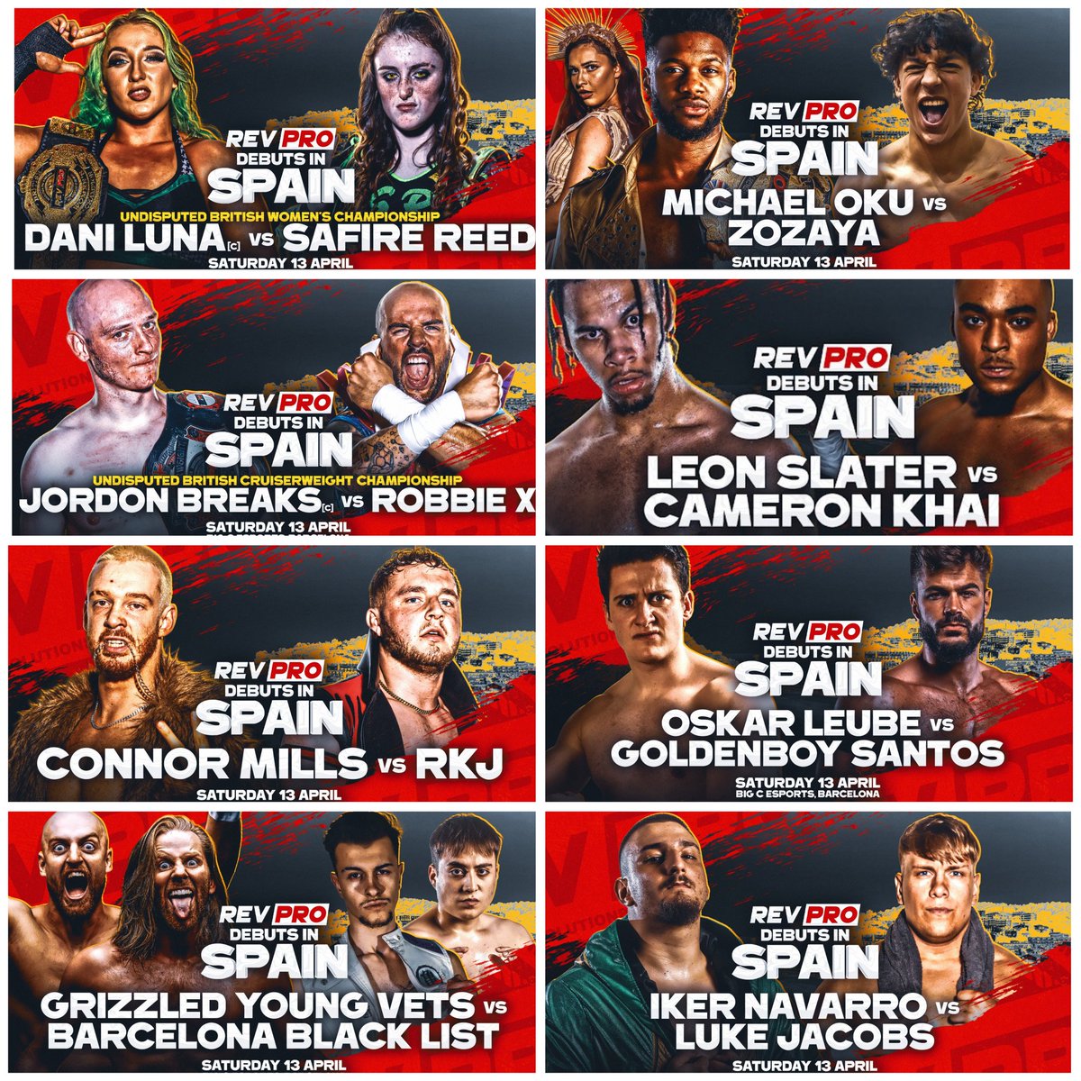 That is a reaaaally sweet card for the Spain debut of @RevProUK ! Lots of great matches announced, especially looking forward to @DaniLuna_pro vs. @safirewrestler and @JordonBreaks vs. @Robbie_X_. And don't sleep on @pw_oskar vs. @santospro96 !