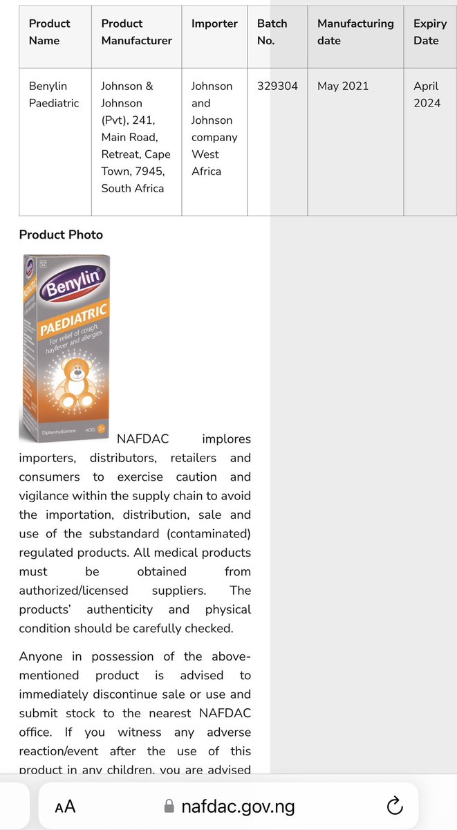 We make reference to circulating news about BENYLIN PAEDIATRIC COUGH SYRUP Batch 329304 that was found to contain toxic Diethylene Glycol. We have engaged the registered importer of the above product and we confirm that the affected batch 329304 was NOT supplied to Uganda.