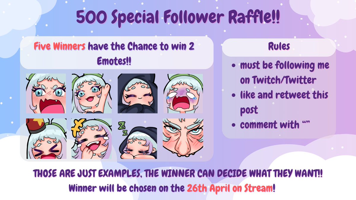 🎉500 Twitch Follow Giveaway 🎉

This time it will be FIVE Winners!! If you know someone who needs emotes or you want more cool emotes, you are very welcome to join!! 
#freeart #vtuber #emoteraffle #VTuberUprising