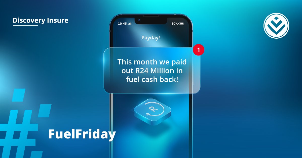 Happy #FuelFriday🎉
It's payday for #DiscoveryInsure clients!  Check your notifications to see how much fuel cash back you earned this month. Driving well is #BetterWithDiscoveryInsure and has never been more rewarding!