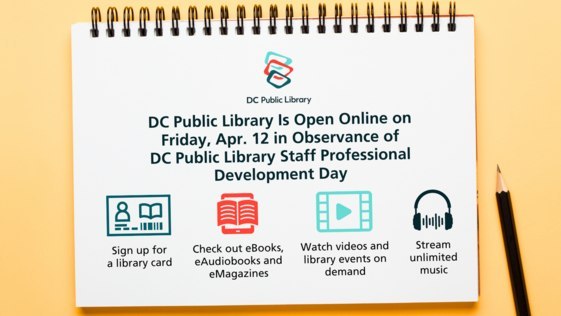 ⭐ TODAY⭐ ALL DC Public Library locations will be open online only. This allows our staff to participate in our annual Staff Professional Development Day. 📚💻 dclibrary.org