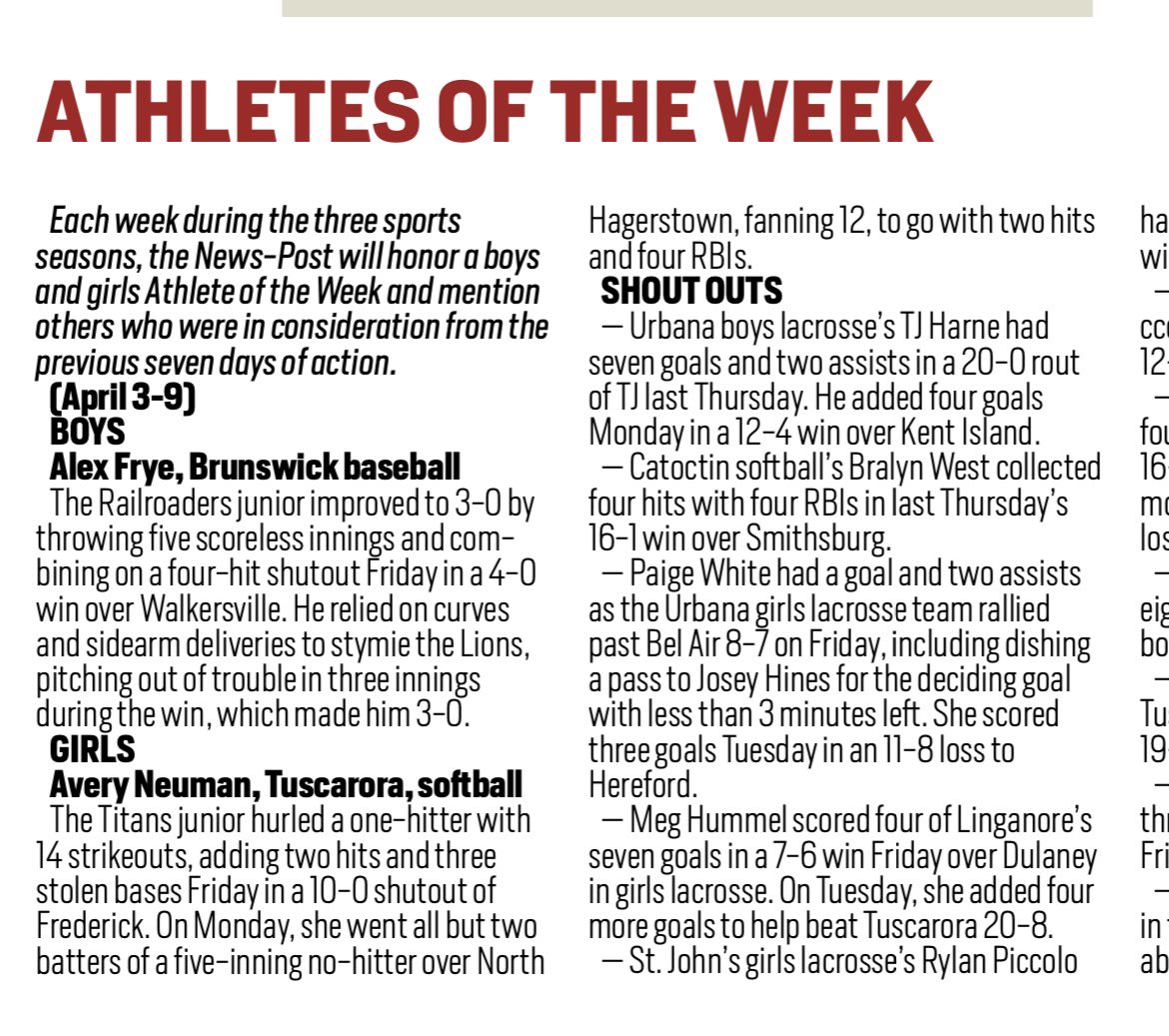 Congrats to Avery on being named FNP athlete of the week! 💚🖤 @AveryANeuman @LisaSmithFCPS @THSTitans