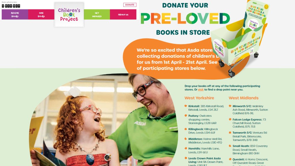 Have you seen our awesome partnership with @asda? Help us get more books into kids' hands! Simply drop off your gently used donations at any of their participating 11 stores across West Midlands & Yorkshire. Visit our website to find a store near you (in comments below) 💚.⁠ ⁠