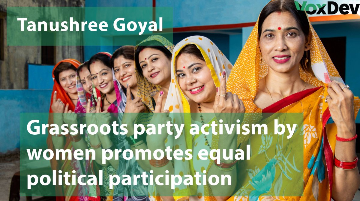 Grassroots party activism by women promotes equal political participation Last month on VoxDev, @goyal_tanushree @PUPolitics outlined evidence on the impact of women politicians in Indian local politics. Read here: voxdev.org/topic/institut…