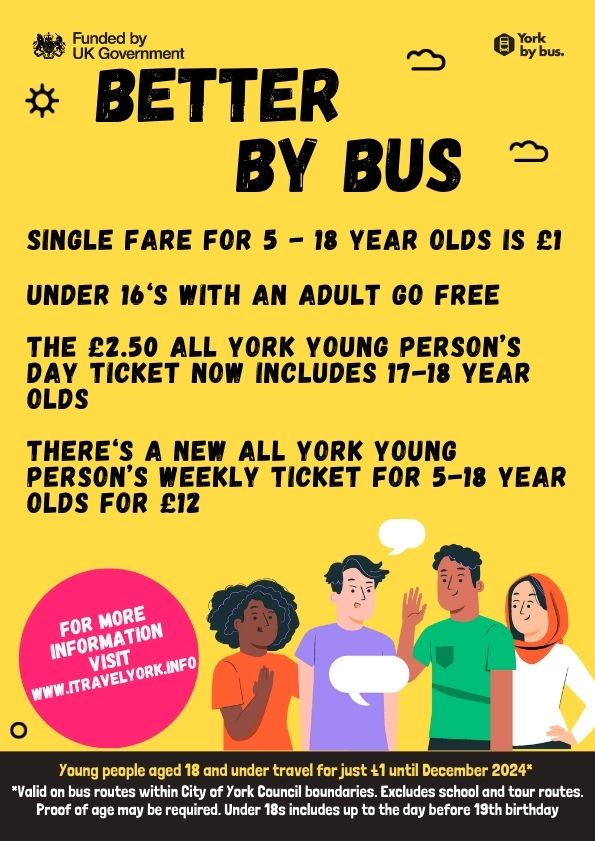 Don't forget, bus fares in York have been reduced or made free for families and young people in York. If travelling alone, anyone up to 18 years old pays just £1 for a single fare, and up to three Under 16s can travel with an adult for free. Visit 👉itravelyork.info