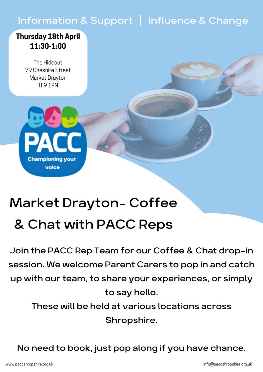 Coffee & Chat with PACC Reps in Market Drayton. Thursday 18th April 11.30am-1.00pm at 'The Hideout'. Come say hello, share your experiences, and chat with our team of volunteers.
#SEND #Shropshire #ParentCarers