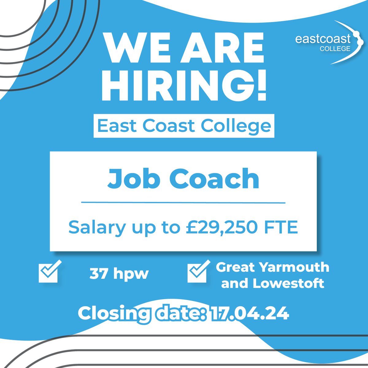 📢East Coast College are looking for a Job Coach📢 We are looking for a Job Coach to join the Foundation and Progression Team to assist in developing our students skills and helping them achieve their goals. See more about this role and apply, here: eastcoastcollege.octo-firstclass.co.uk/candidates/app…