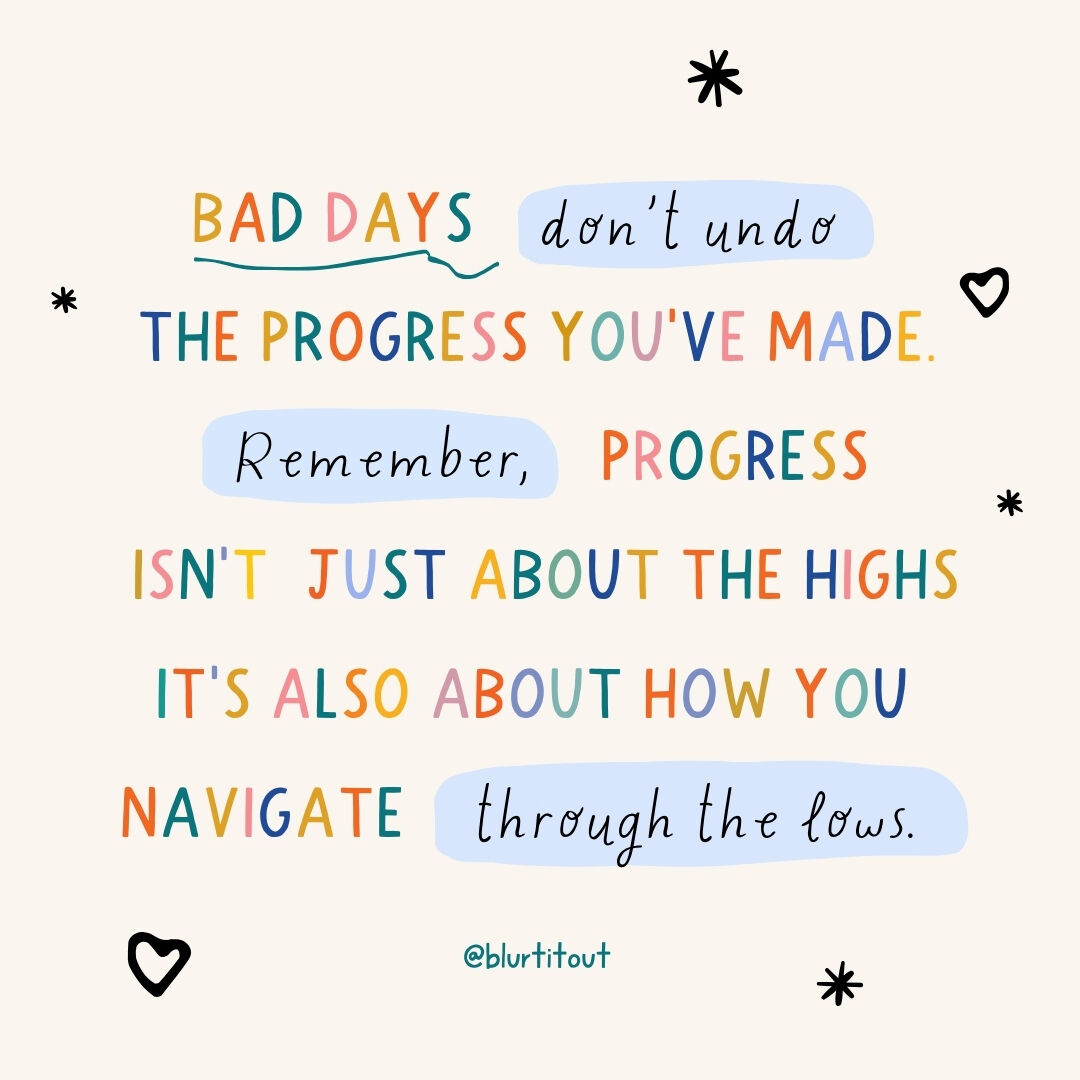 When we're facing a tough day, it's easy to question our progress. But remember, we're not defined by our bad days. It's during these lows that we gain invaluable experiences, learn vital lessons, and cultivate resilience. Keep going, brighter days ahead! 💫 #BlurtItOut