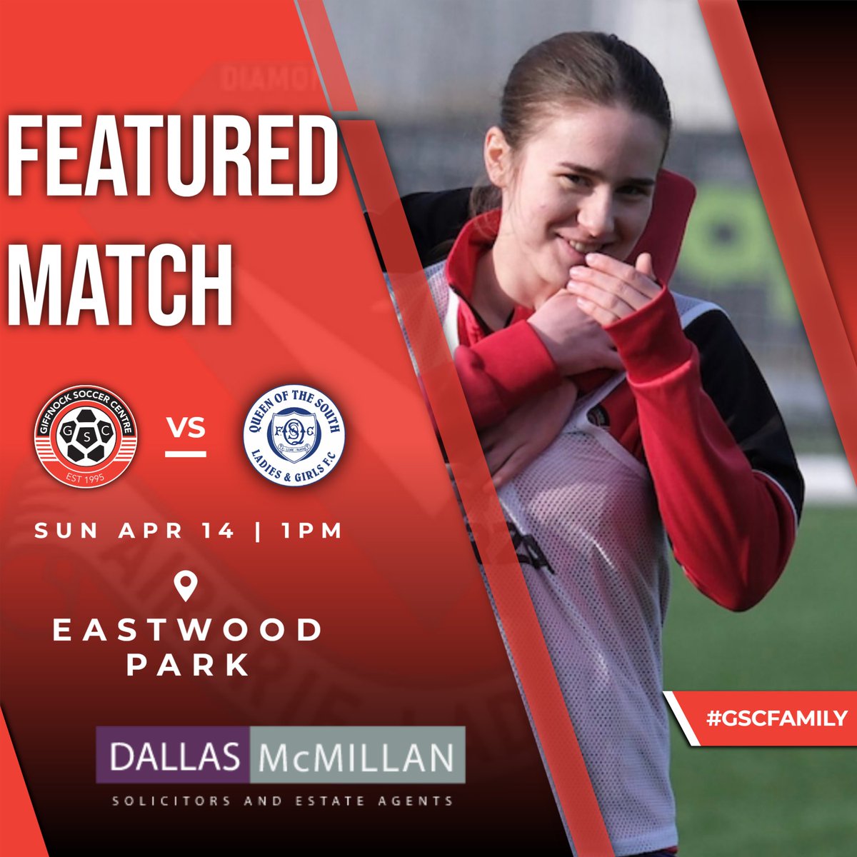 𝗙𝗘𝗔𝗧𝗨𝗥𝗘𝗗 𝗠𝗔𝗧𝗖𝗛 🔴⚽⚫ Come along to Eastwood Park this Sunday to support the girls in their final home league match of the season! 👕 GSC Women 🆚 Queen of the South Ladies 📍 Eastwood Park 🕐 1pm KO 📆 Sunday 14 April #monthenock #gscfamily