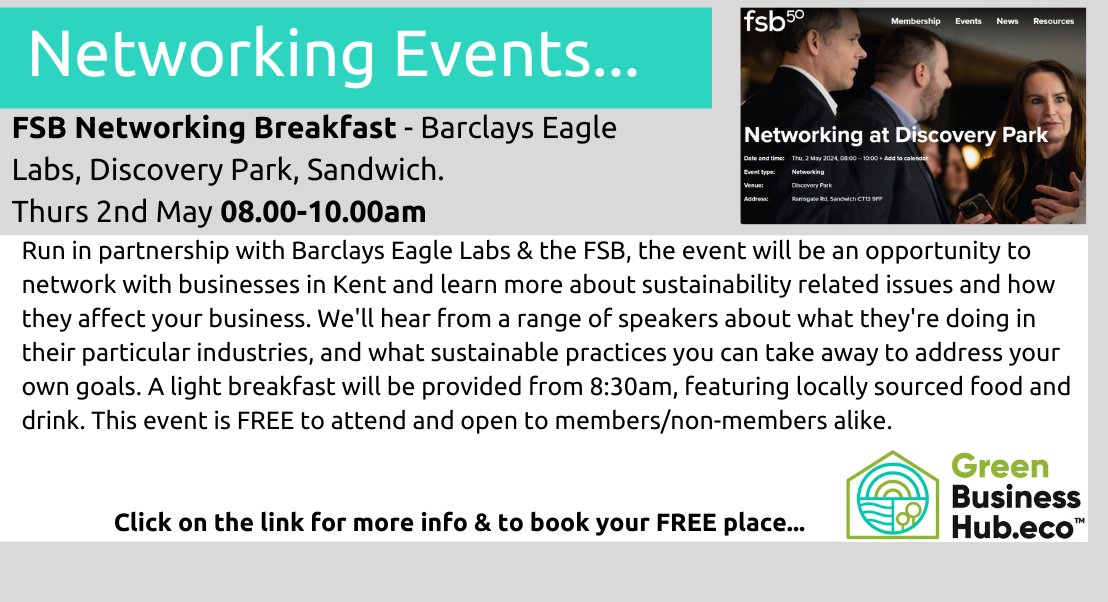 #FSB @FSBKent Spring Breakfast #Networking. Barclays Eagle Labs @eagle_labs Discovery Park @discoverypark_. Thursday 2nd May 08.00-10.00. All Welcome. More info & to book here; greenbusinesshub.eco/green-business…