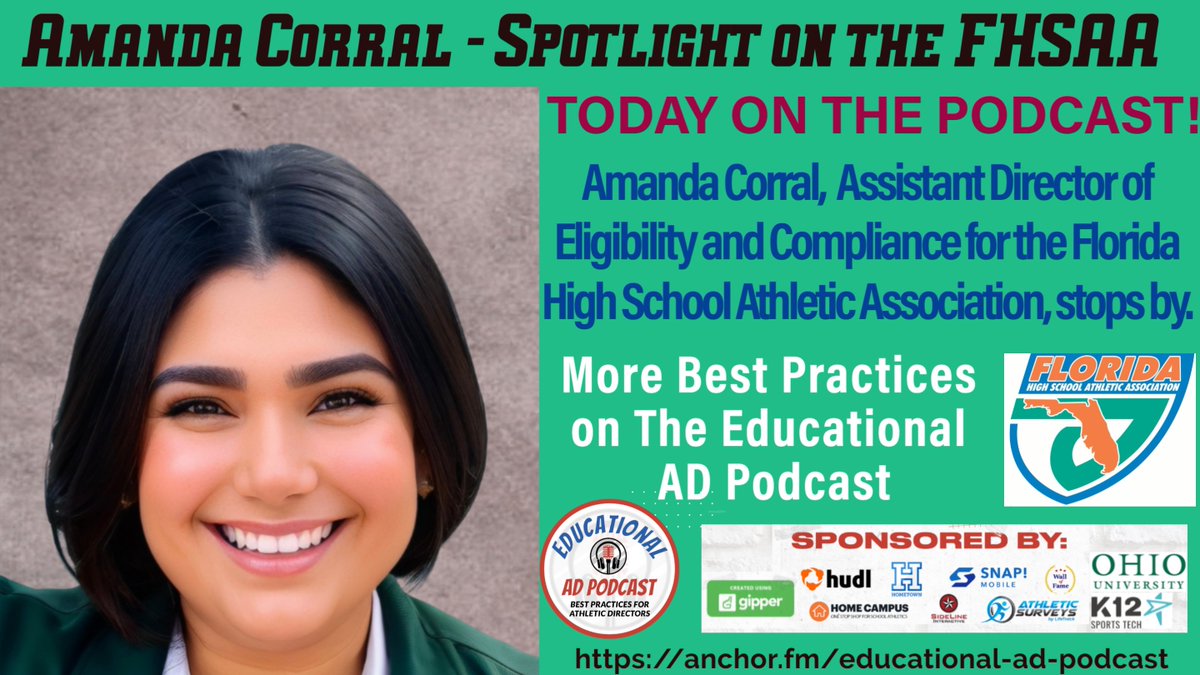 Amanda Corral of the Florida HS Athletic Assoc. shares her story + BEST PRACTICES on The EducaAD Podcast! podcasters.spotify.com/pod/show/educa… @FHSAA @FACACoach @FIAAANews @GCWHSS @thegistusa @NFHS_Org @FCISnews @GainesvilleGov @GADACOACHES @PShep326 @FL_Coaches @AHSAAUpdates @OfficialTHSADA