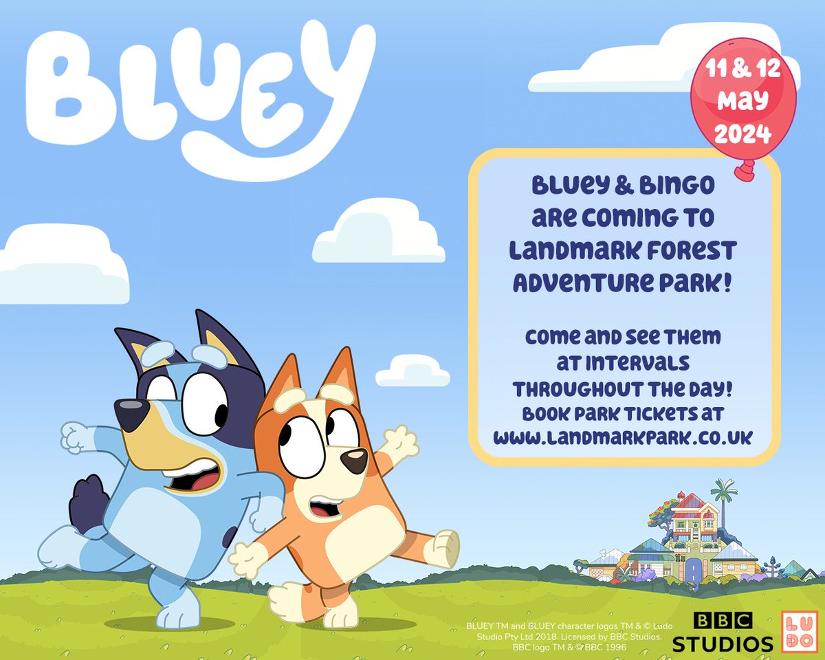 Adventure awaits with Bluey and Bingo at Landmark Forest Adventure Park on May 11th & 12th! 🐾 Come & see the Heeler Pups who know how to turn every moment into an exciting game. Book your park tickets at: landmarkpark.co.uk #BlueyAndBingo #LandmarkAdventureWithBlueyAndBingo