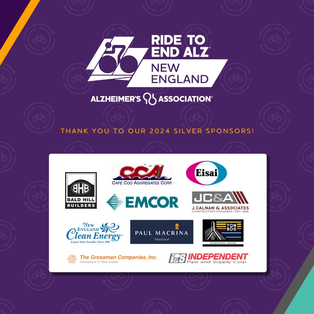 Thank you to our 2024 #Ride2EndALZ Silver Sponsors for sharing our vision of a world without Alzheimer's and other dementia! Join us at the Ride to End Alzheimer's New England on June 1, 2024 at Hampton Beach State Park in NH! ridetoendalzheimers.org