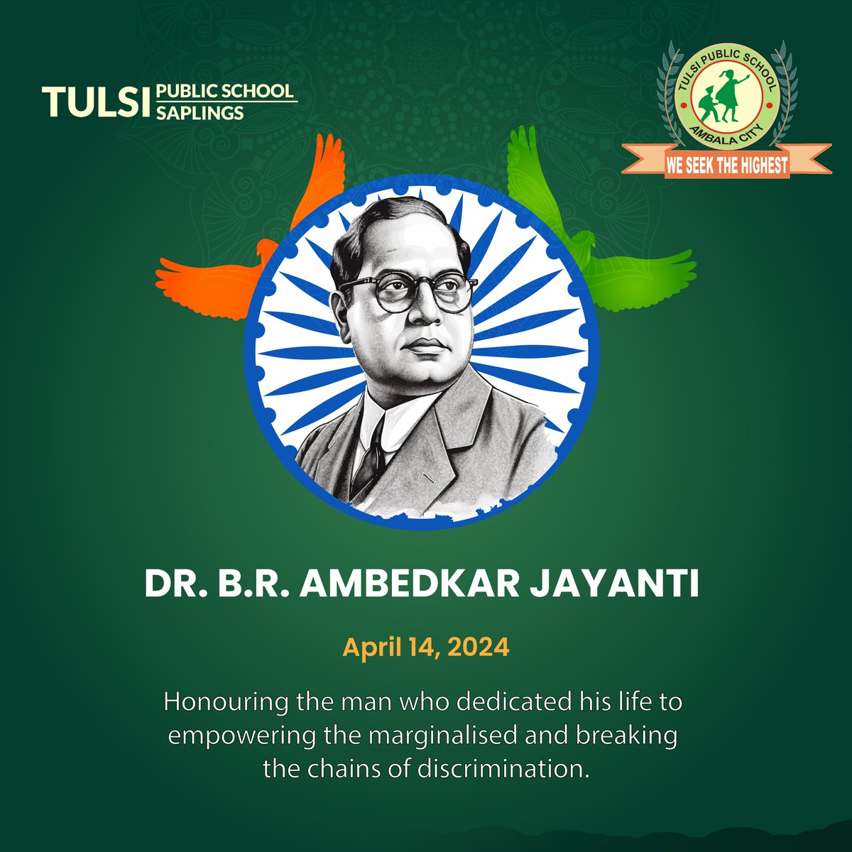 TulsiSaplings's tweet photo. Dr. B.R. Ambedkar's teachings continue to reverberate through our society, inspiring positive change and progress🌟📘 

#BRAmbedkar #SocialJustice #TulsiSaplings #School #CBSESchoolAmbala #PreSchool #Kindergarten #Nursery #PlayBasedLearning #digitalseries #Academics #Excellence https://t.co/H64whKS2IP
