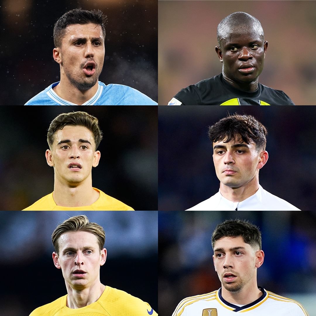 Who makes your Midfield 3? 🤔 🇪🇸 Rodri 🆚 N'Golo Kanté 🇫🇷 🇪🇸 Gavi 🆚 Pedri 🇪🇸 🇳🇱 Frenkie de Jong 🆚 Federico Valverde 🇺🇾 🫵👇