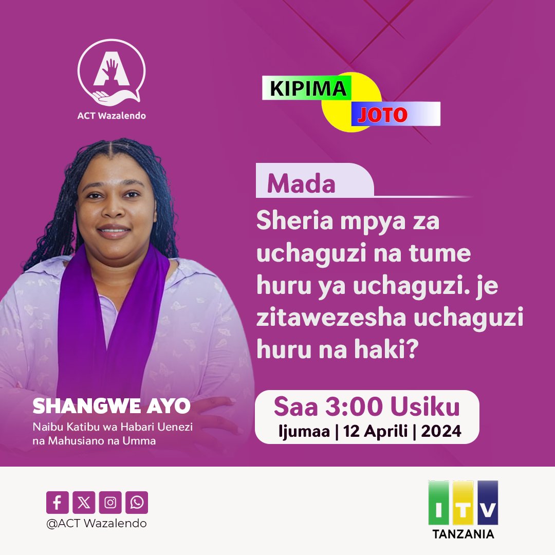 Leo Aprili 12, 2024 Naibu Katibu Mwenezi wa @ACTwazalendo, Ndugu @ayo_shangwe atakuwa katika kipindi cha Kipima Joto cha ITV. Muda saa 3:00 Usiku #NECijiuzulu #WaRufijiWafidiwe