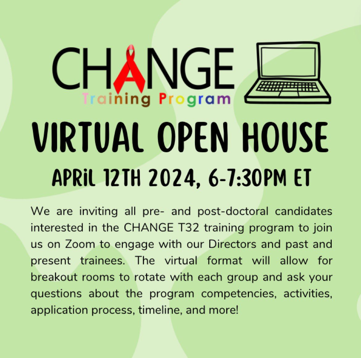 Our CHANGE NIMH funded T32 Training Program (headed by myself and Drs. Horigian and Feaster) is holding a Virtual Open House for interested pre- & post-doctoral candidates today 4/12 6-7:30pm ET! Come engage with current fellows and us 😀 Register here: miami.zoom.us/meeting/regist…