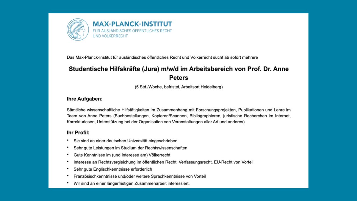 📢 We're hiring! Das #MPIL sucht studentische Hilfskräfte zur Unterstützung des Arbeitsbereichs von @AnnePetersMPIL (ab sofort oder später, 5 Std./Woche, befristet). Bewerbungen bis zum 30. April 2024 👉 jobs.mpil.de/jobposting/d60…