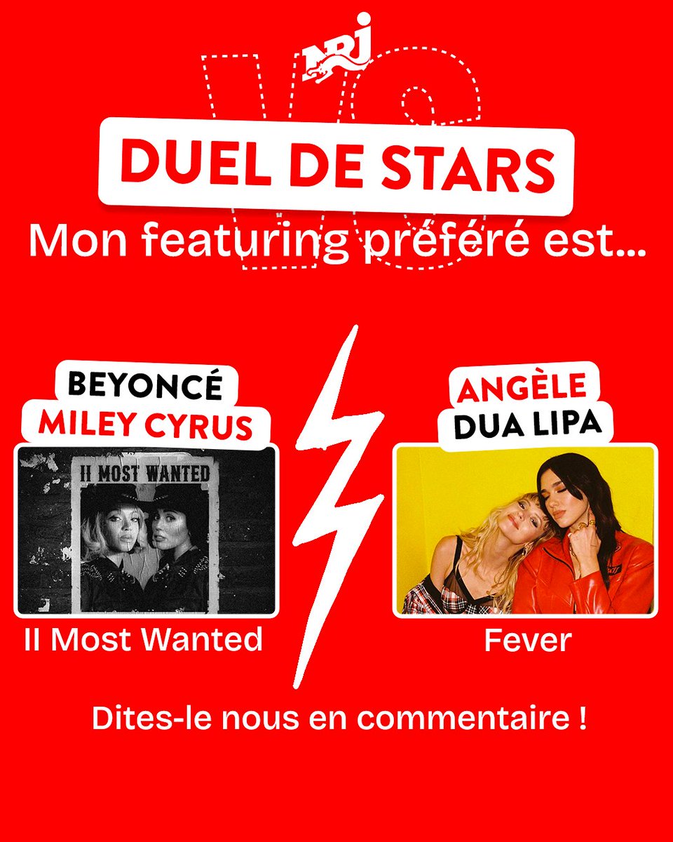 C’est l’heure du duel de la semaine : Vous êtes plutôt @Beyonce & @MileyCyrus OU @angele_vl & @DUALIPA ? 👀 Tous vos titres préférés sont à retrouver sur l’app NRJ ! ✨