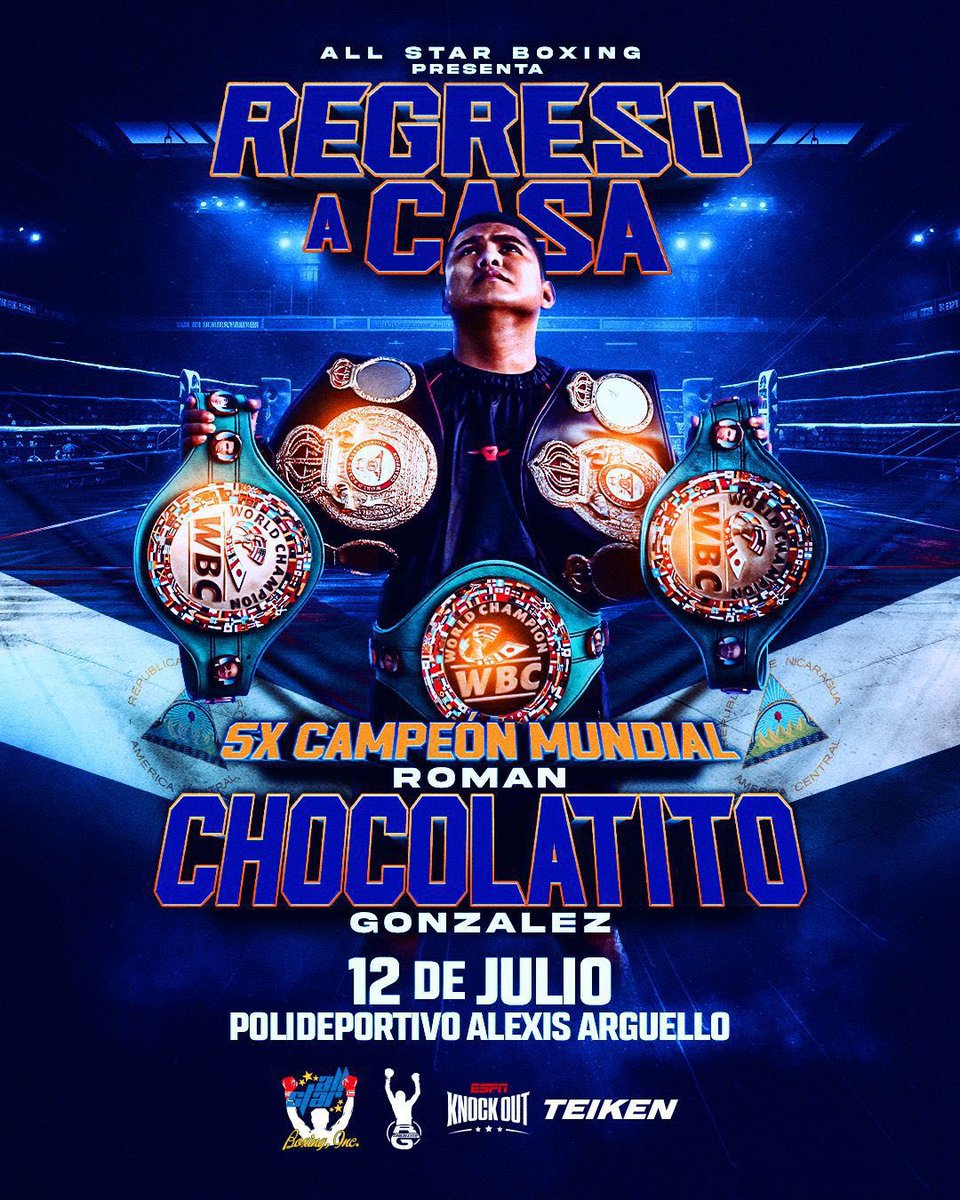 🇳🇮 @chocolatitobox will return to the ring in his home of Nicaragua on July 12th 🥊 It’s set to be Nicaragua's biggest boxing event since Alexis Arguello fought at home in 1977 🏟️ Gonzalez’s fight will take place at the same 15,000 venue named after his late mentor Arguello