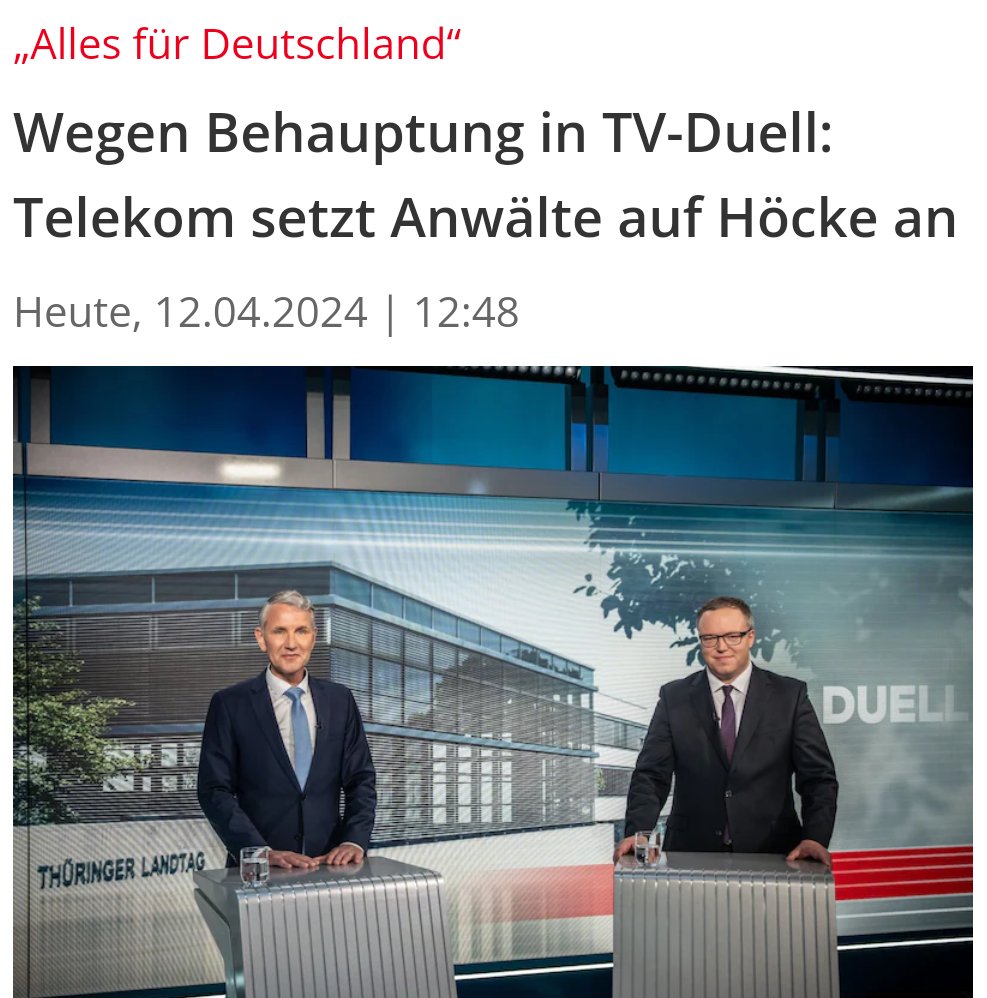 Anonymous00708's tweet image. ZACK❗
Juristisches Nachspiel für Nazi #Höcke!
Er hatte im #TVDuell fälschlich behauptet,die #Telekom hätte 
den SA-Slogan
"#Alles_für_Deutschland" zu Werbezwecke verwendet
Die schickt ihm jetzt ihre Anwälte auf den Hals⬇️
m.focus.de/kultur/kino_tv…
#NieWiederFaschismus
#Buchenwald
