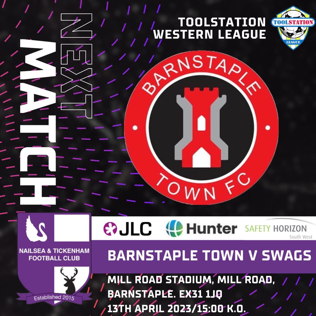 ⚽️NEXT MATCH⚽️ Swags are away to @Official_BTFC tomorrow! 📍Mill Road Stadium EX31 1JQ ⏰ 15:00 KO Come along and show your support for the Swags 👏 #swags @nailseapeeps @swsportsnews @TSWesternLeague