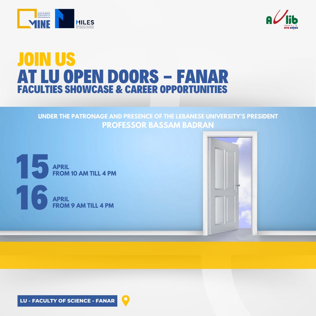 👋 Hey there! Join us under the esteemed patronage of Professor Bassam Badran, President of the Lebanese University, as we open our doors wide to discovery.

Looking forward to seeing you there! 🌟
#Centre_MINE 
#MILES_Incubator 
#GIL_Program
#lebaneseuniversity
#Lebanon 
#Fanar