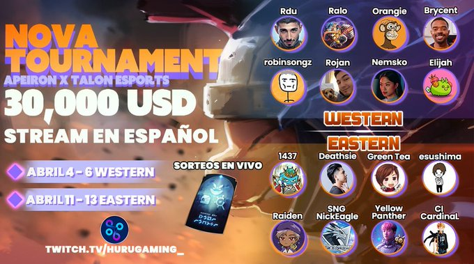 EL EASTERN NOVA TOURNAMENT DE <a href="/ApeironNFT/">Apeiron</a>
BUSCA SU CAMPEON!  

Estamos ON junto a <a href="/wlcked__/">Wicked</a> y <a href="/SonLenonidas/">Sonle</a>
trayendoles Apeiron de alto vuelo.  

Tendremos ademas sorteos de tickets de apostoles a los que participen de nuestras trivias en el chat!  

twitch.tv/hurugaming_