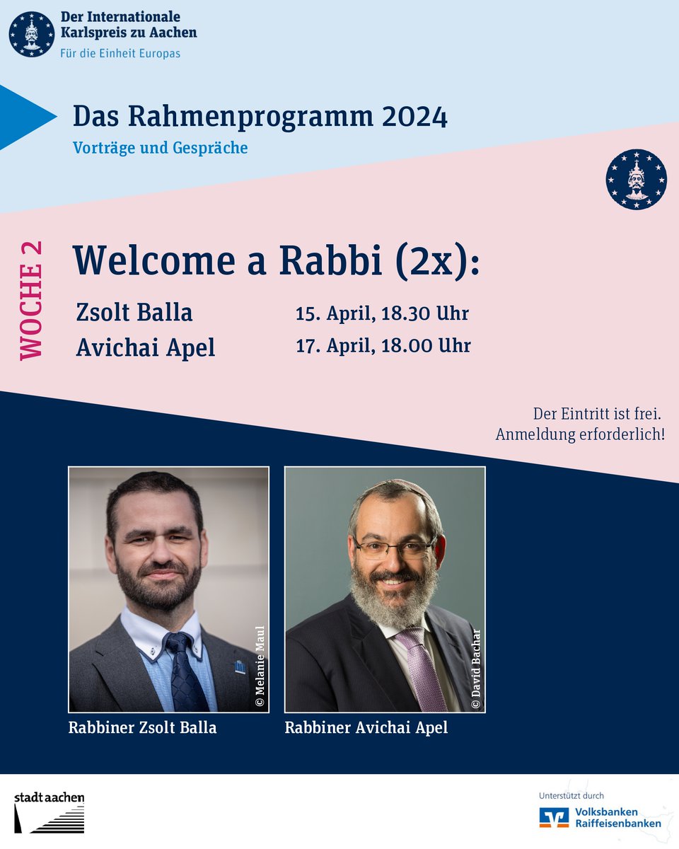 karlspreis_ac's tweet photo. Was genau macht ein Rabbiner? Was heißt eigentlich "koscheres Essen"? 

Im Rahmen des Projekts "Welcome a Rabbi" von
@europeanrabbis beantworten @RabbiZsolt und Rabbiner Avichai Apel diese und weitere Fragen im #Karlspreis2024-Rahmenprogramm. 

(Veranstaltungsdetails im 🧵) https://t.co/hbgQ27z06b