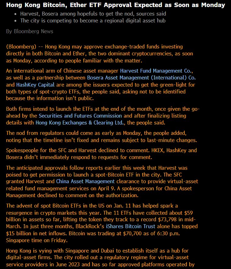 Huge News 🔥🔥 🇭🇰 Hong Kong Poised To Approve Spot ETFs For Both #Bitcoin And #Ethereum As Soon As Monday: Bloomberg