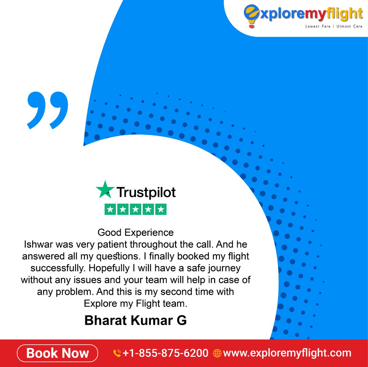 Happy Customer, Smooth Journey! 🌟
Thank you, Bharat Kumar G, for sharing your positive experience with us at Explore My Flight.✈️
Book now,
☎ +1 845 875 9777
☎ +91 8884000095
🌐 exploremyflight.com

#CustomerTestimonial #HappyTravels #ExploreMyFlight